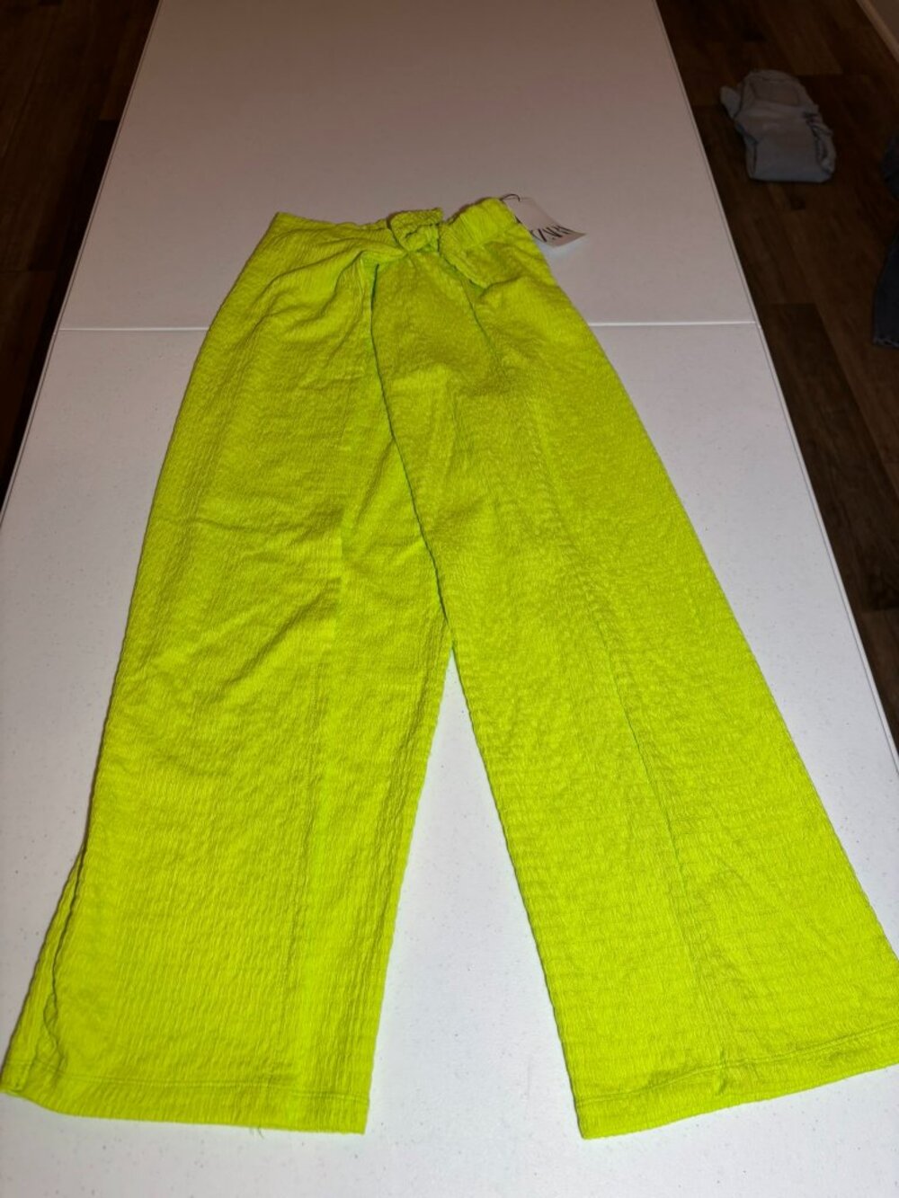 NWT Zara Neon Lime Green Wide Leg Tie Waist Pants Teen 13-14